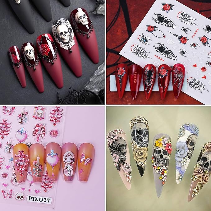 2Sheets Halloween Nail Art Stickers 5D Embossed Pink Skeleton Heart Nail Decals Self-Adhesive Spider Web Spider Stickers with Rhinestone Charms Design Nail Decal Rose Skull Nail Sticker for Women