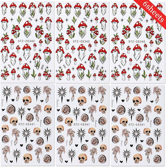 Halloween Nail Art Stickers Decals 3D Skull Mushroom Ghost Halloween Nail Stickers 6PCS Rose Flowers Love Heart Leaf Design3D Self-Adhesive Nail Decals Manicure Supply for Holiday Nail Art Decorations