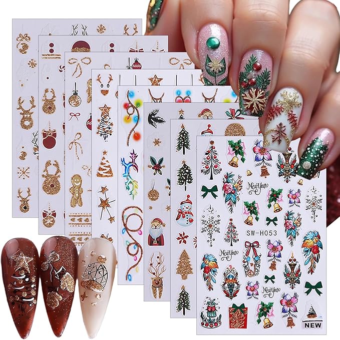 Christmas Nail Art Stickers Decals 3D Elk Christmas Tree Snowman Santa Claus Snowflakes Self-Adhesive Nail Decals Supply Xmas Nail Stickers for Women DIY Winter Holiday Nails Decoration 8 Sheets