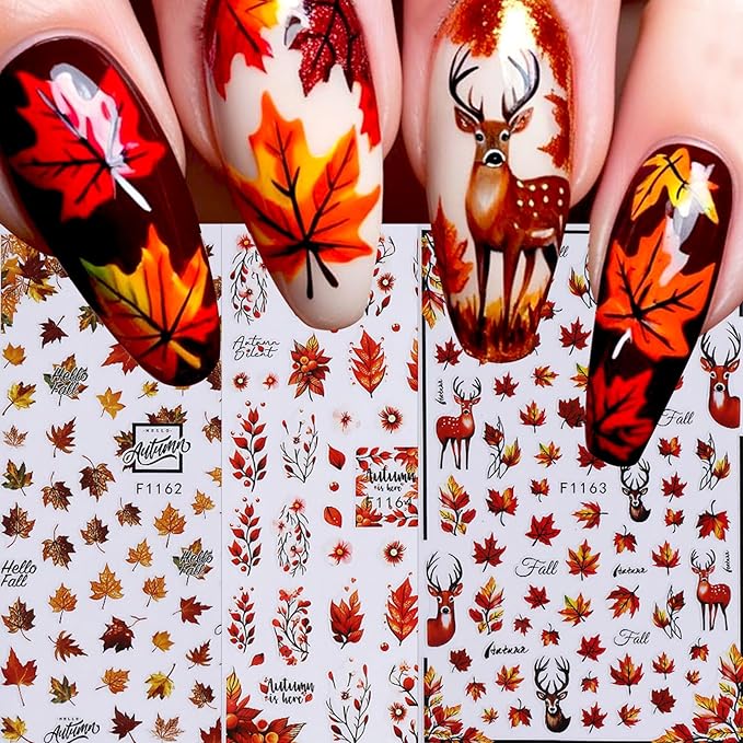 Fall Nail Stickers for Nail Art Maple Leaf Nail Decals 6PCS 3D Self-Adhesive Autumn Leaves Deer Pattern Design Stickers Decoration for Women DIY Holiday Party Nail Supplies Charms Accessories