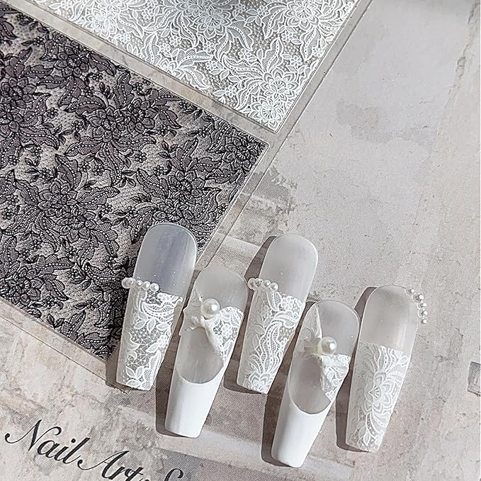 1 Sheets Embossed Lace Nail Decals for Nail Art Black White Flower Nail Stickers 5d Self-Adhesive Lace Flowers Nail Decals Fall Winter Nail Decoration for Women Nails Designs Accessories