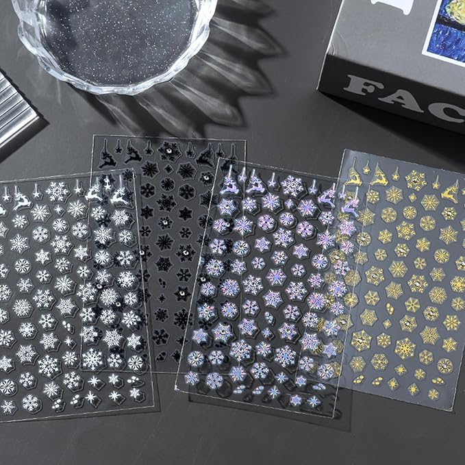 Rhinestone Studded Snowflake Nail Stickers, Christmas Self-Adhesive Crystal Diamond 3D Glitter Nail Art Design for DIY Manicure Winter Xmas DIY Nail Decals Decorations f (4 Sheets)
