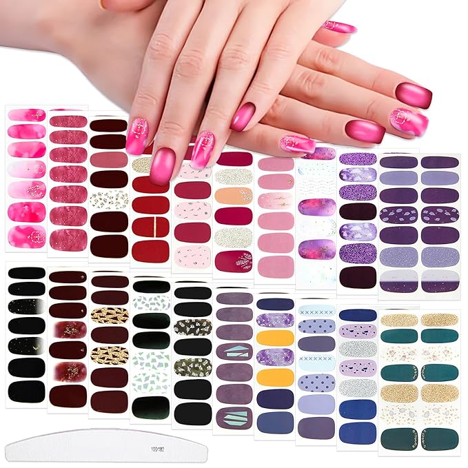 WOKOTO 20 Sheets Cute Colorful Nail Polish Stickers Stick On Nail Polish Strips For Nails Art Polish Stickers With Nail File Gel Nail Wraps Strips Stickers Mix-Design Nail Gel Stickers For Women