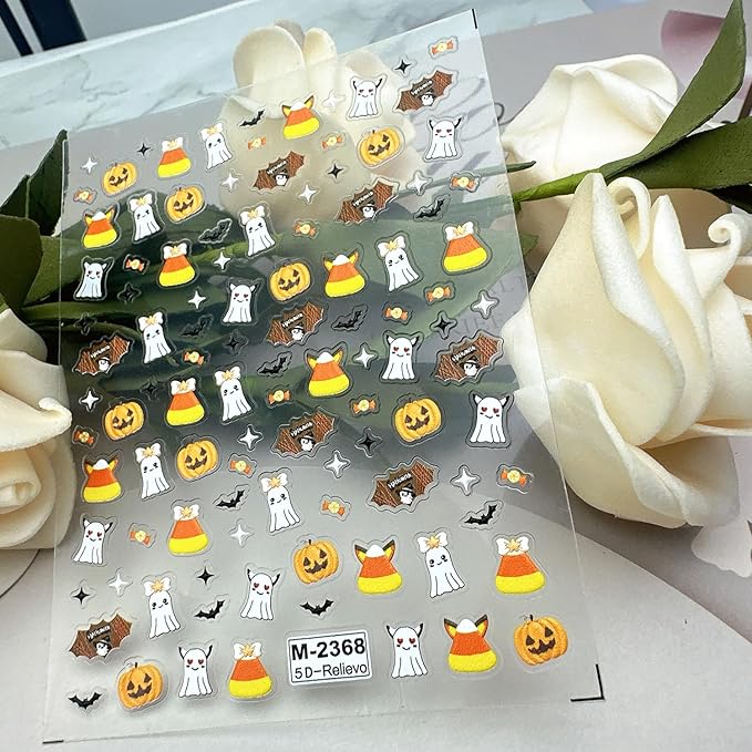 1 Sheets Halloween Nail Decals for Nail Art Cute Embossed Ghost Nail Stickers 5D Self-Adhesive Star Bat Candy Pumpkin Nail Art Stickers Scary Halloween Nail Decoration for Women DIY Nails Designs