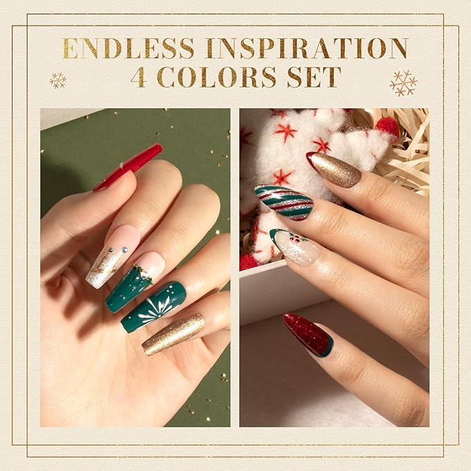 MelodySusie 15ML Christmas Gel Nail Polish Set: Christmas 4 Colors Green and Red Gel Polish Nails Soak Off UV LED Gold Silver Gel Polish Gifts for Women Girls Nail Art Manicure Salon DIY Nail Design