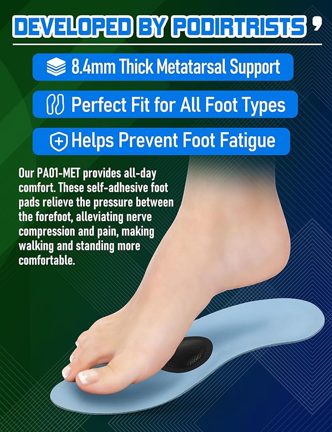 Metatarsal Pads for Women, Ball of Foot Cushions for Pain Relief, Comfortable Forefoot Support for Metatarsalgia and Morton's Neuroma, 1/3 Inch Thick Self-Adhesive Foot Pads, 2 Pairs M