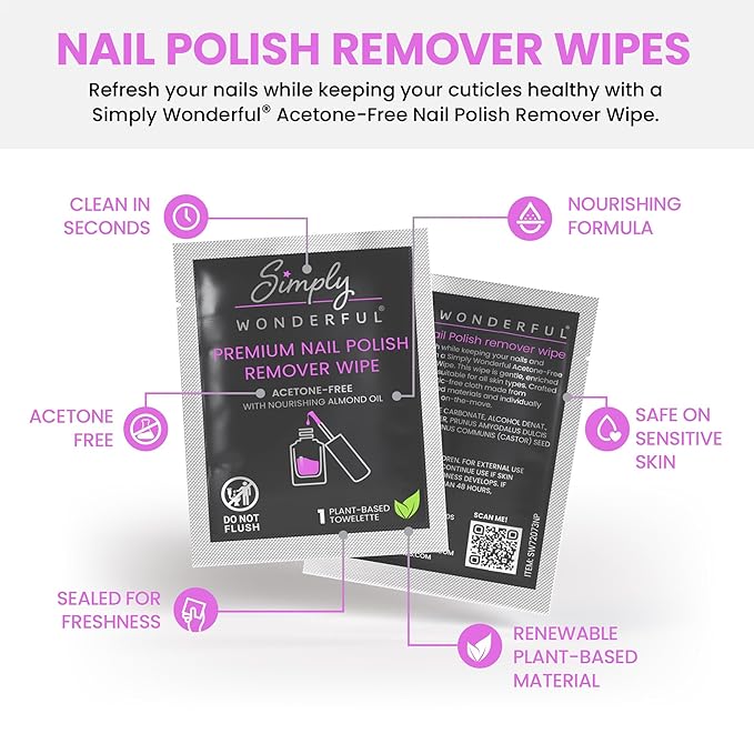 Simply Wonderful Nail Polish Remover Wipes, Acetone-Free, Enriched with Nourishing Almond Oil, Plant-Based Nail Polish Remover Pads, Lint-Free, 20 Individually Wrapped Nail Polish Wipes