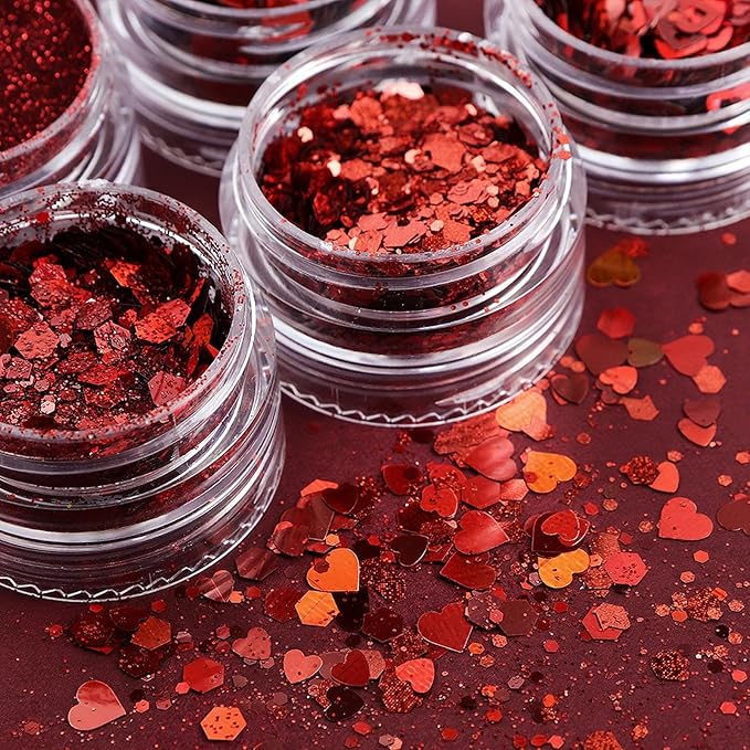 Heart Nail Art Glitter Red Valentines Day Nail Sequins Flakes, Red Manicure fine Glitter Powder, 3D Holographic Round Hexagon Nail Stickers Decals Supplies Nail Charms for Women 6 Box