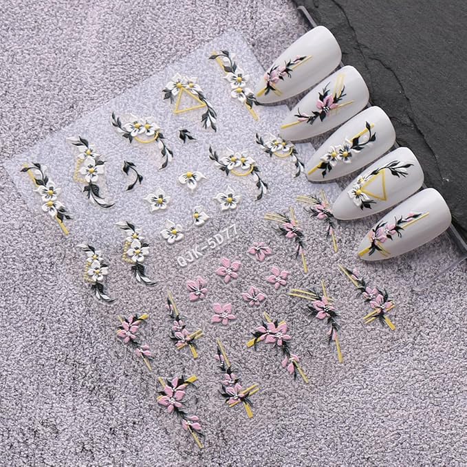 JMEOWIO 6 Sheets 3D Embossed Spring Flower Nail Art Stickers Decals Self-Adhesive Pegatinas Uñas 5D Colorful Summer Floral Leaf Nail Supplies Nail Art Design Decoration Accessories