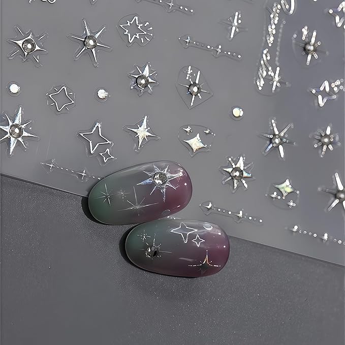 Glitter Diamond Stars Nail Art Stickers 3D Self-Adhesive Crystal Silver Decals Luxury with Rhinestones Stars Charms Design Stickers for Women DIY Manicure Decorations