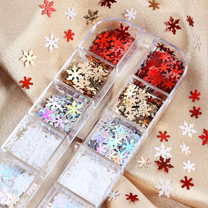 12 Grids Christmas Nail Art Glitter Sequins 3D Holographic Winter Snowflake Nail Art Glitter Flakes Red Gold Silver White Snowflake Designs Xmas Nail Decorations for Acrylic Nails Supplies