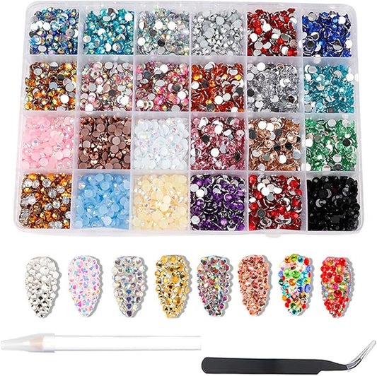 24000Pcs Nail Art Rhinestones, BetterJonny 24 Colors 3mm Round Nail Flatback Rainbow Gems Set with Tweezers and Pencil AB Glitter Flat-Bottomed Rhinestone for Crafts Decoration and Jewelry Making