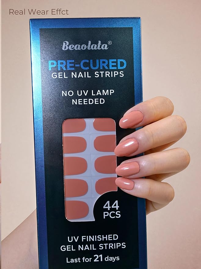 Pre Cured Gel Nail Strips - 44PCS Salon Quality Gel Nail Stickers - Long Lasting Polish Wraps for Women no UV Light Needed Easy Apply& Remove (Coral Orange)