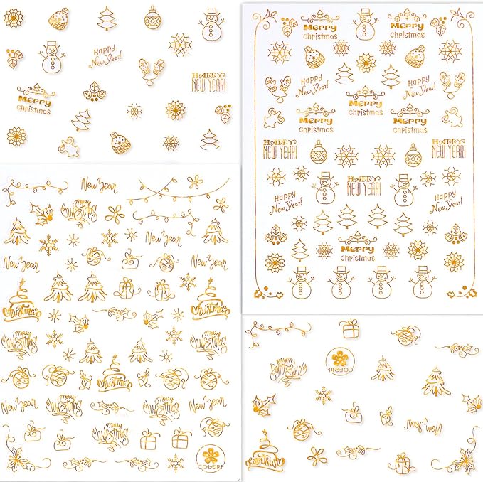 HNUIX Nail Stickers - 3D Christmas, Self Adhesive Nail Decals, Multi Pattern, Gold, 9 Sheets, for Nail Art