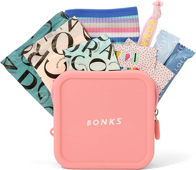BONKS GoGo Kit - Emergency Tween Period Kit - Portable Menstrual Pouch for Women - Essential Women's Travel Kit - Includes Pads, Tampons, Underwear & More - Female Hygiene Care - S/M (12-14)
