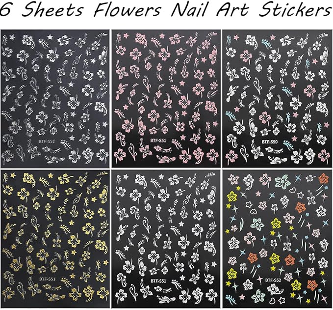 6 Sheets Flower Nail Stickers for Nail Stickers,Self Adhesive Hibiscus Nail Art Stickers 3D Pink White Silver Gold Flower Nail Design Stickers Summer Floral Nail Decals for Women Girls Nail Supplies
