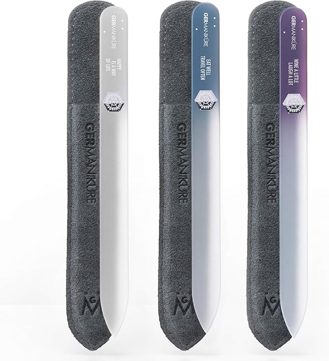 GERMANIKURE Czech Crystal Glass Nail File 3 Pack in Suede Leather Case - Professional Manicure & Pedicure Products for Smooth Easy Shaping of Natural Nails