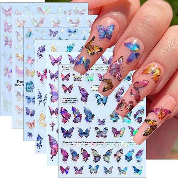 6Sheets Butterfly Nail Art Stickers Aurora Shell Butterfly Nail Decals Self Adhesive Butterflies Nails Design Stickers Glitter Butterflies Gradient Nail Supplies for Women Acrylic Nail Decoration