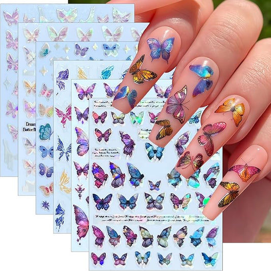 6Sheets Butterfly Nail Art Stickers Aurora Shell Butterfly Nail Decals Self Adhesive Butterflies Nails Design Stickers Glitter Butterflies Gradient Nail Supplies for Women Acrylic Nail Decoration