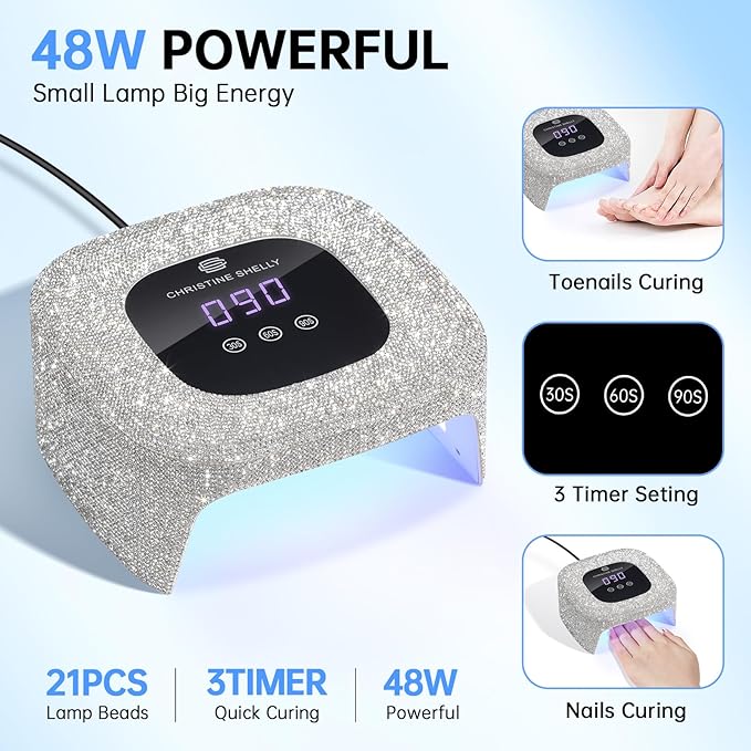 48W UV Light for Nails,Mini UV LED Nail Lamp with 3 Timer Settings, Auto Sensor, Fast Curing for Gel Nails,Nail Dryer Sparkly Gel Nail LCD Display Home Use DIY (White Diamond)