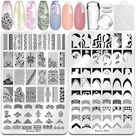 Biutee Nail Stamping Plates 2Pcs French Tip Stamp Plate 110 Patterns Nail Stamping Kit With Silicone Stamper Scraper Large Lace Line Flower Nail Art Stamping Template Christmas Holiday Gift for Women