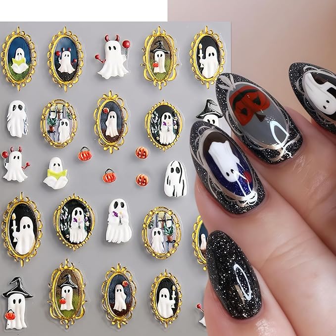 5D Halloween Nail Stickers Spider Ghost Nail Art Stickers Self-Adhesive 5D Engraved Retro Picture Frame Ghost Nail Decals Pegatinas Uñas Jelly Spider Nail Supplies for Women Nails Decorations 2Pcs