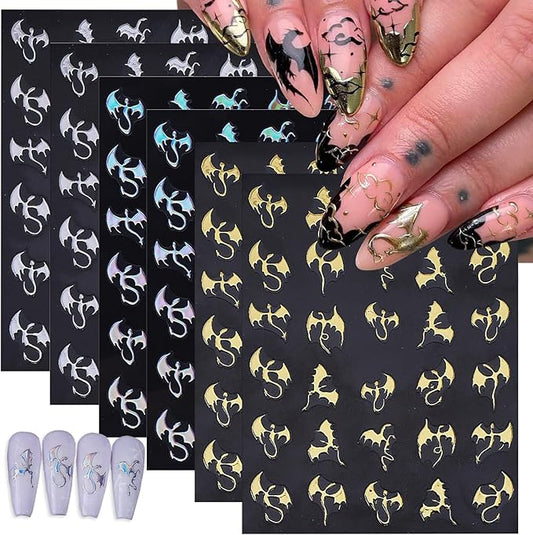 6 Sheets Halloween Bat Nail Stickers for Nail Art Glitter Laser Gold Silver Nail Decals 3D Self-Adhesive Gothic Dragon Nail Design Stickers Holiday Nail Art Supplies for Women DIY Women