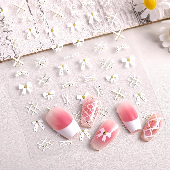 Bow Heart Nail Stickers Christmas Nail Art Stickers Holiday Pink Hearts Curve Line Nail Decals Valentines DIY Nails Design Sticker Xmas French Nail Decoration for Women Manicure Accessories 5Pcs