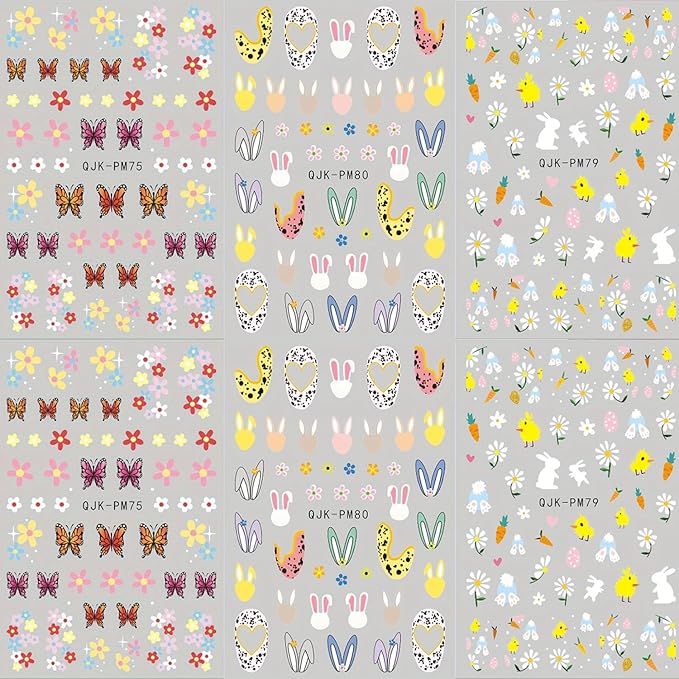 6Sheets Easter Nail Art Stickers Decals Cute Bunny Flower Designs 3D Self-Adhesive Nail Decals Spring Nail Decorations Floral Daisy Butterfly DIY Nail Supplies Easter Nail Accessories for Women Kids