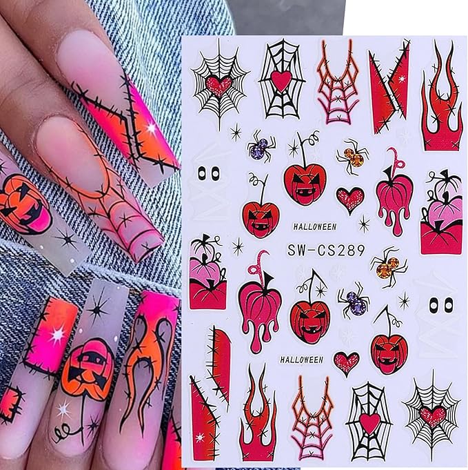 Halloween Stickers for Nails Art 12PCS 3D Cute Ghost Skull Nail Decals with Tweezers Self Adhesive Luminous Designs Acrylic Nails Supplies Bat Skeleton Spider Web Stickers for Women Girl DIY Decor