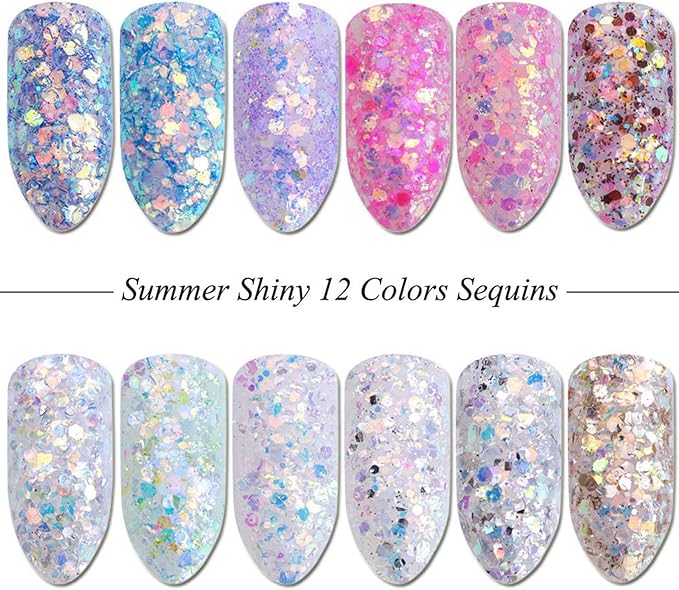 Holographic Nail Sequin Accessories - 3D Glitter Flakes Nail Supplies Acrylic Powder for Shiny Manicure Designs - Colors (12)