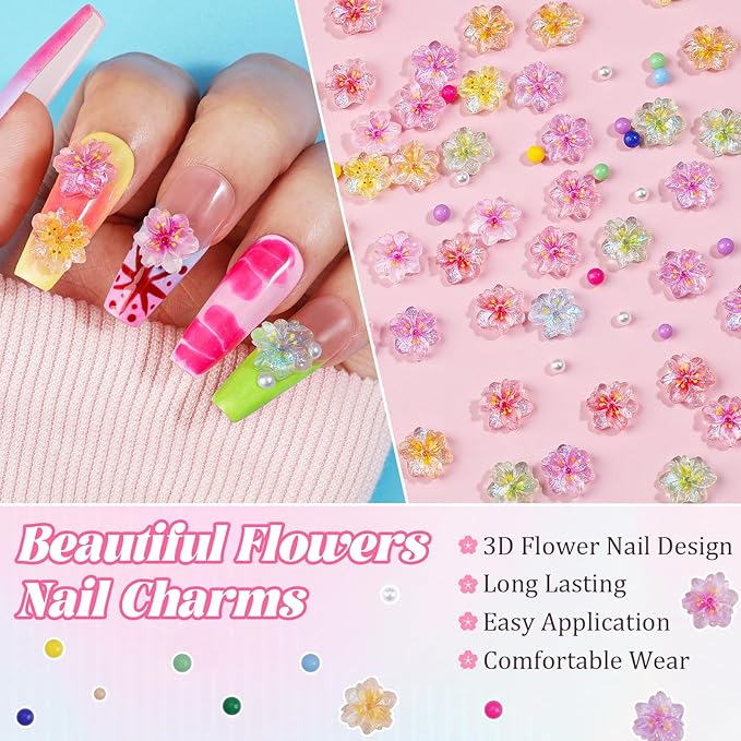 300Pcs Flower Nail Charms Kit, 100Pcs 3D Resin Cherry Nail Charms and 100Pcs Pearls with 100Pcs Macaron Beads, Colorful Hibiscus Floral Tiny Gems Round Beads for Women Manicure Craft DIY
