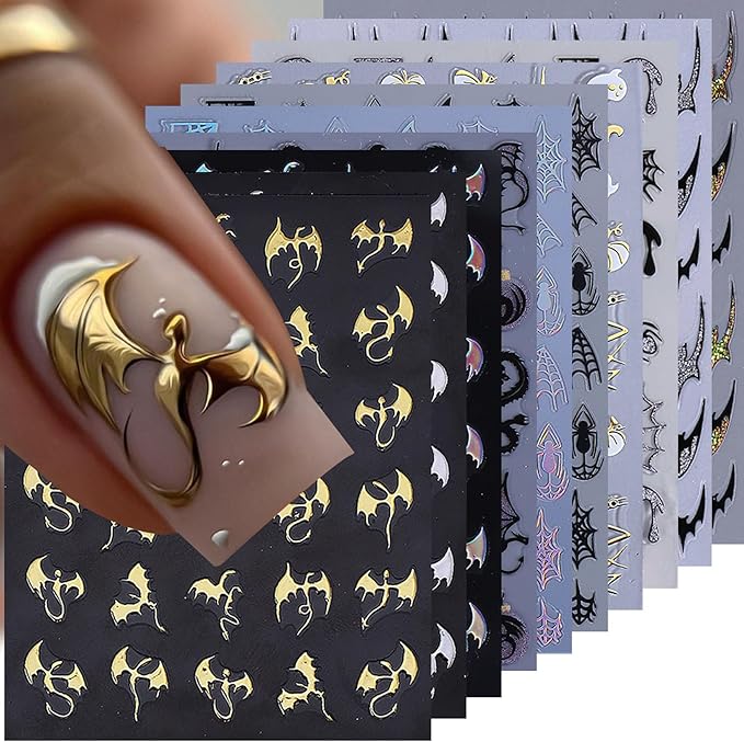 Halloween Nail Stickers Dragon Decals 12 Sheets Spooky Bat Ghost Stickers for Nails Art Metallic Glitter Spider Web Pumkin Blood Key Nail Designs Fall Holiday Supplies Manicure Decoration for Women