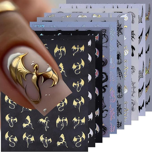Halloween Nail Stickers Dragon Decals 12 Sheets Spooky Bat Ghost Stickers for Nails Art Metallic Glitter Spider Web Pumkin Blood Key Nail Designs Fall Holiday Supplies Manicure Decoration for Women