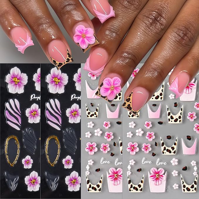 4 Sheets Flower Nail Art Stickers Decals 5D Embossed Flower Leopard French Line Nail Decals Pink Floral Leopard Nail Art Design Pink Flowers Coil Nail Supply for Women Winter DIY Manicure Decorations