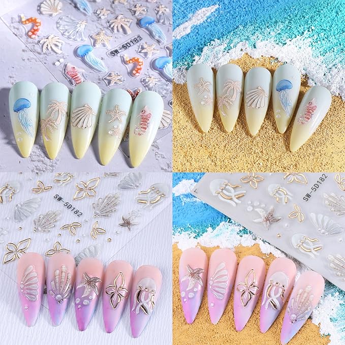 2 Sheets Summer Nail Art Stickers Decals 5D Embossed Ocean Theme Nail Stickers Shells Jellyfish Starfish Design Summer Nails Adhesive Decals Manicure Supply for Women DIY Nail Decorations
