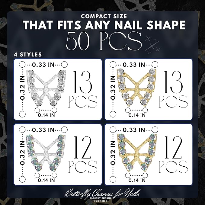 50 Pcs Butterfly Charms for Nails – Silver & Gold Butterfly Nail Charms, Long-Lasting Shine, Nail Decorating Kit for Any Occasion – Sparkly Nails Design for Eye-Catching Style
