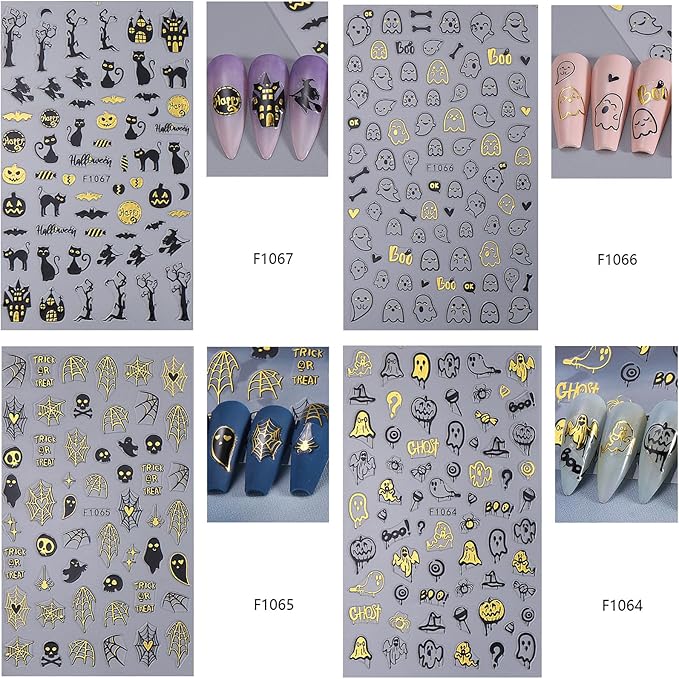 4Pcs Halloween Nail Stickers Gold Spider Nail Decals Self Adhesive Black Cobweb Spider Web Ghost Nail Design Halloween Nail Decoration Supplies Holiday Manicure Accessories for Women