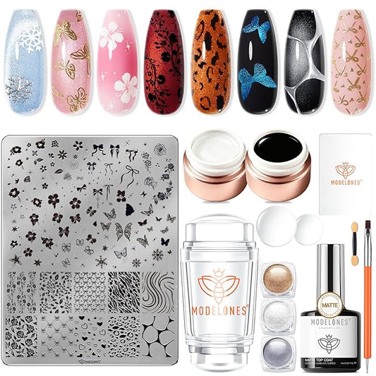 modelones 16 PCS Gel Nail Polish Stamping Plate Set, French Tip Tool Stamper & Scraper, Gold Silver Pearl Chrome Powder Proof Matte Top Coat 2 Colors Painting Gel for Nail Art Fall Manicure Gift Kit