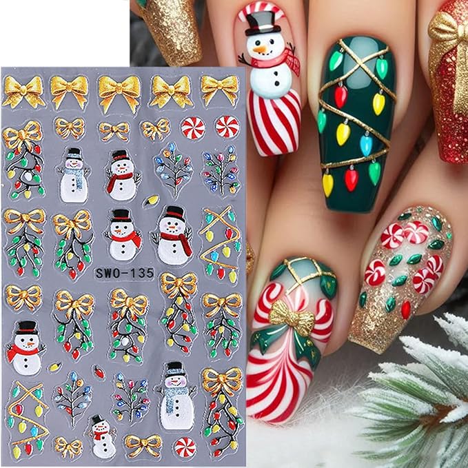 2 Sheets 5D Embossed Christmas Nail Stickers for Nail Art Self-Adhesive Santa Claus Nail Decals Winter Snowman Snowflake Nail Art Stickers Xmas Bow Light Strips Christmas Tree Nail Design for Women