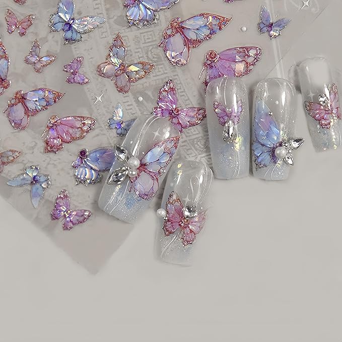 2 Sheets Butterfly Nail Art Stickers 5D Embossed Pink Butterfly Nail Decals Glitter Aurora Butterfly Nail Pattern Self-Adhesive Nail Art Stickers DIY Nail Decoration