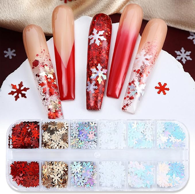 12 Grids Christmas Nail Art Glitter Sequins 3D Holographic Winter Snowflake Nail Art Glitter Flakes Red Gold Silver White Snowflake Designs Xmas Nail Decorations for Acrylic Nails Supplies