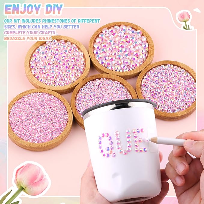 25000Pcs Resin Rhinestones with B7000 Jewelry Glue for Crafting, Light Pink AB 2-6mm Non Hotfix Flatback Gems, Bedazzling Crystal for DIY Crafts Clothing Tumblers Mugs Shoes Fabric Decor Nail Art