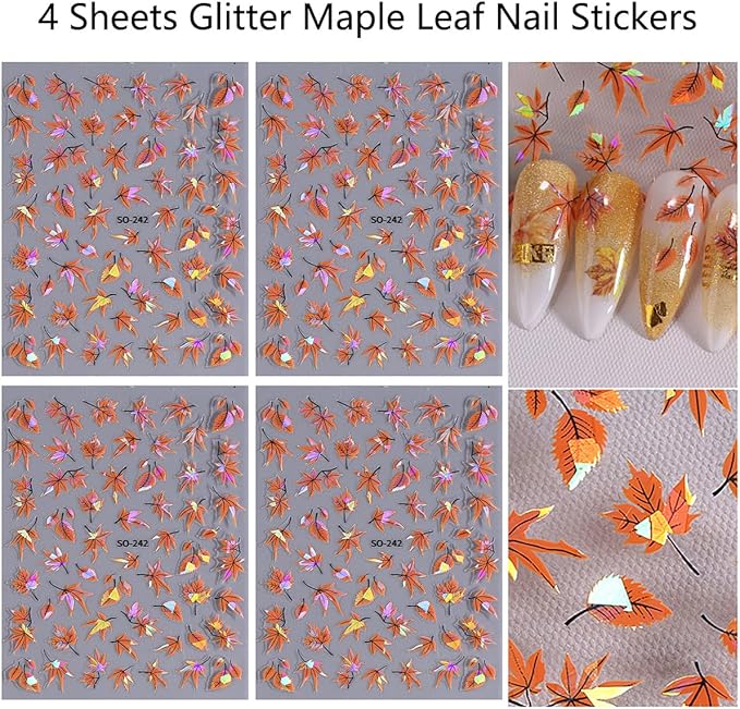 Laser Maple Leaf Nail Art Stickers Decals Holographic Glitter Self-Adhesive Fall Nail Decals Design Thanksgiving Maple Leaf Nail Stickers for Nail Art DIY Manicure Autumn Nails Decoration 4 Sheets