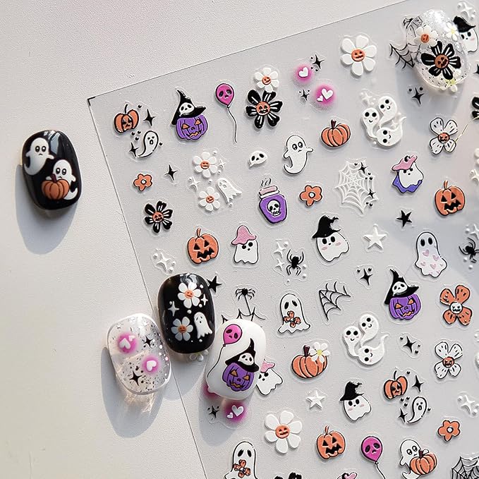 5D Embossed Halloween Nail Art Stickers Cute Ghost Nail Decals Self-Adhesive Pumpkin Skull Flower Spider Web Nails Design Stickers Halloween Nails Supplies for Women Holiday Manicure Decorations