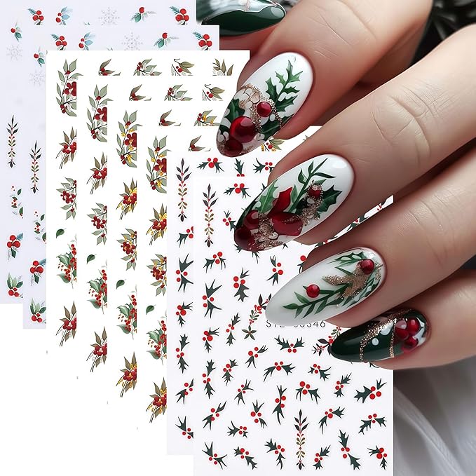 8 Sheets Christmas Nail Stickers for Nail Art, Christmas Holiday Holly Leaves Nail Decals Design 3D Self-Adhesive Winter Leaves Nail Art Stickers Supplies for Women Holiday DIY Manicure Decoration