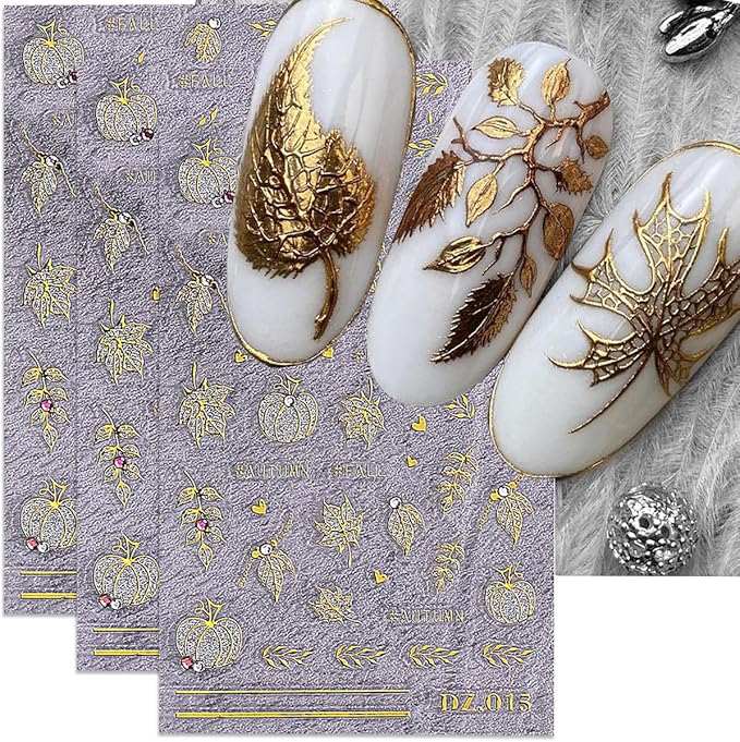 Fall Nail Art Stickers Autumn Maple Leaf Nail Decals with Rhinestone 3PCS Gold Maple Leaves Pumpkin Nails Design Self-Adhesive Fall Nail Stickers for Women Thanksgiving Day Manicure Nails Decoration
