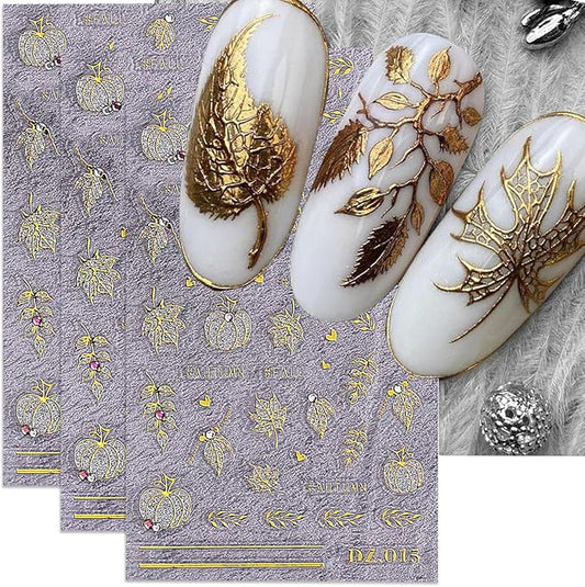 Fall Nail Art Stickers Autumn Maple Leaf Nail Decals with Rhinestone 3PCS Gold Maple Leaves Pumpkin Nails Design Self-Adhesive Fall Nail Stickers for Women Thanksgiving Day Manicure Nails Decoration