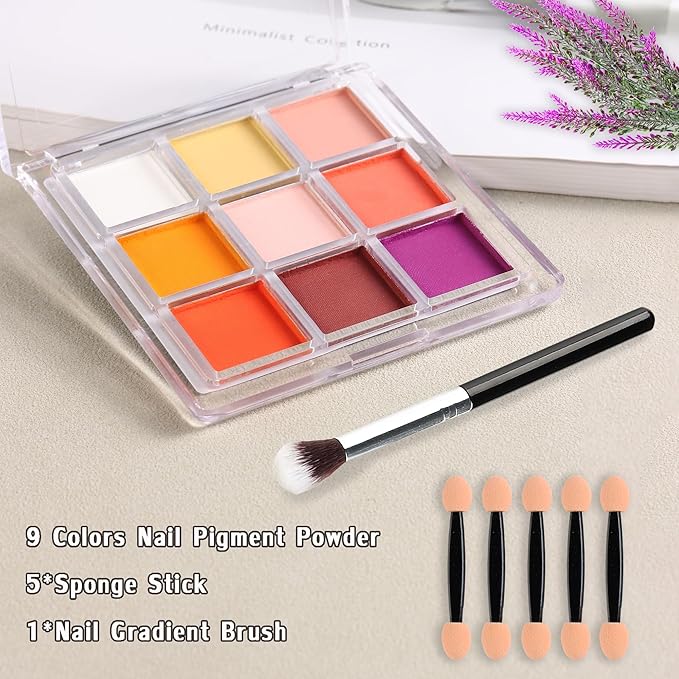 Pigment Powder for Nails 9 Colors Nail Pigment Palette Gradient Ombre Nail Powder Nail Art Design Fine Solid Neon Powder for DIY Manicure Beginners -Includes 5 Sponge Sticks 1 Brush #09