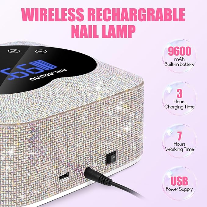 72W Cordless UV Light for Nails With 5 Timer & Auto Sensor, Professional Rechargeable Lamp for Gel Polish, Bling Cute Heart Dryer (Diamond)
